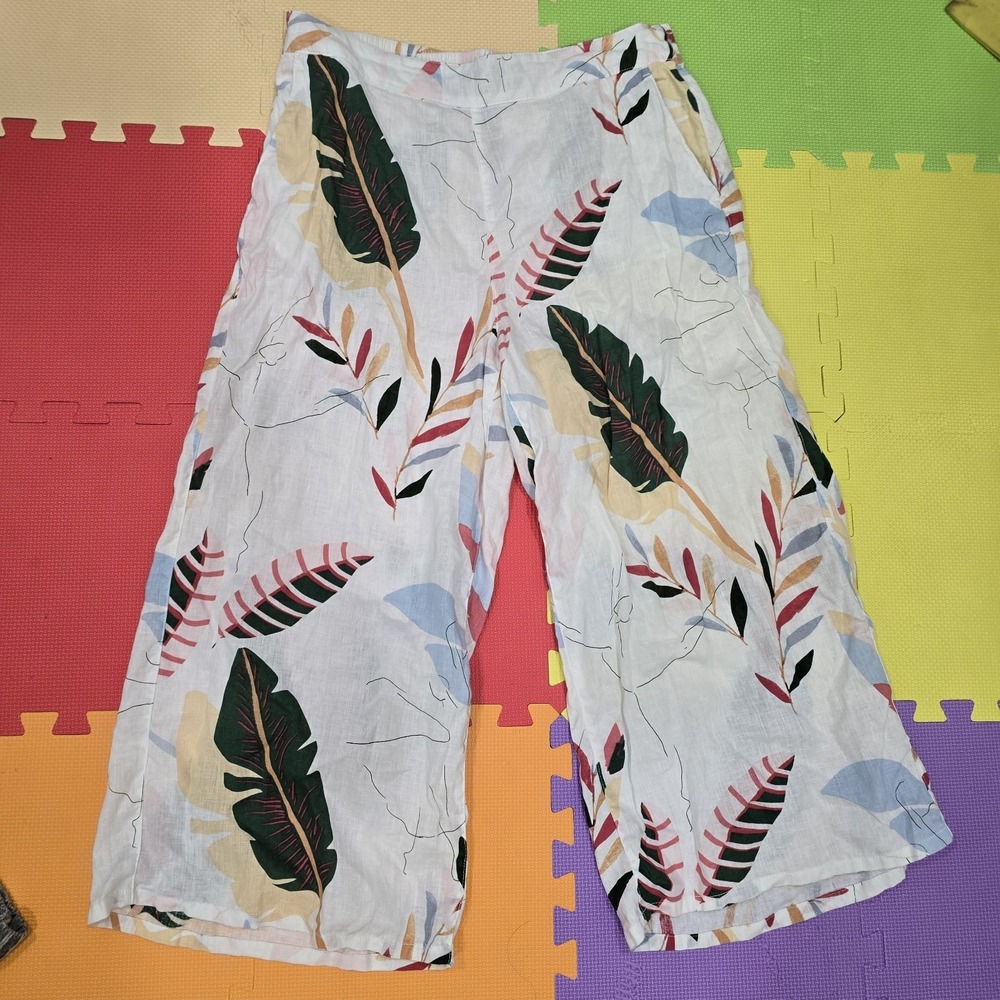 CYNTHIA ROWLEY 100% Linen Tropical Leaf Print Wide Leg Crop Pants Women's XL